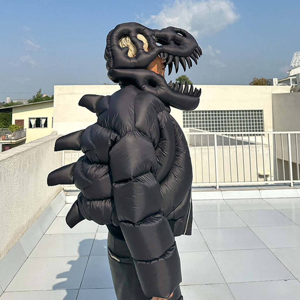 Rick Owens Men's And Women's Fall And Winter Dinosaur Down Jacket Black Handmade Customized Tyrannosaurus Rex Design Ski Suit Thickened White Duck Down Ngvp #8863