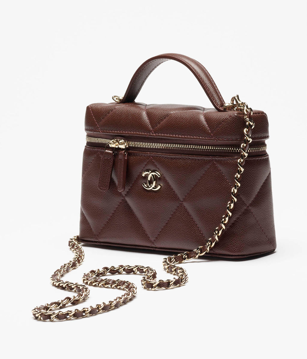 Chanel Chain Dressing Table Grained Shiny Calfskin with Gold Metal Dark Brown Fashion #332778