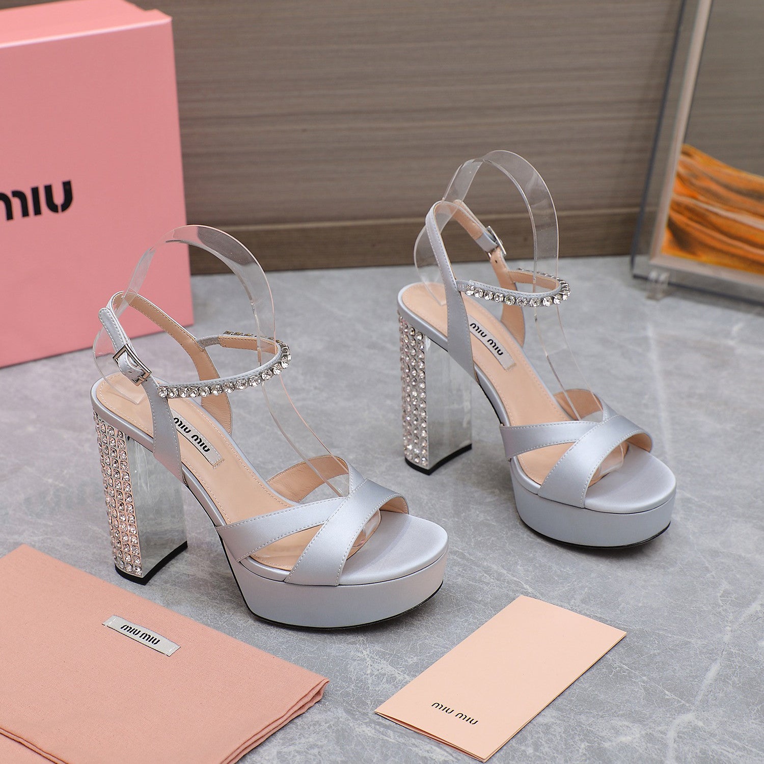 MiuMiu Women's Summer Solid Colour Sheepskin Diamonds High Heeled Sandals Shoes #76786