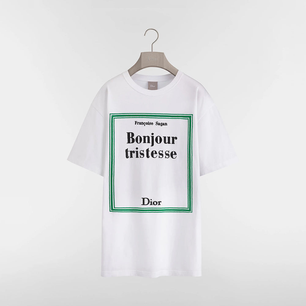 Dior T-Shirt with Book Cover Embroidery Relaxed Fit White and Green Cotton Jersey #337069