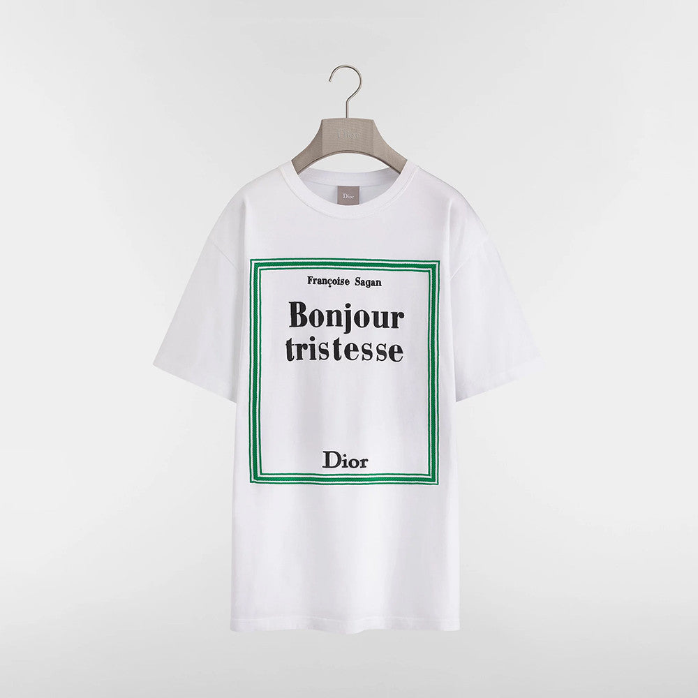 Dior T-Shirt with Book Cover Embroidery Relaxed Fit White and Green Cotton Jersey #337069