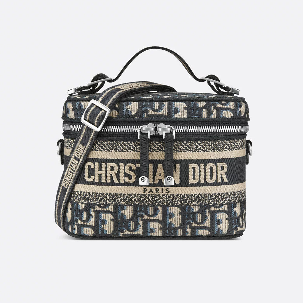 Dior Travel Vanity Makeup Bag Blue Monogram Canvas Embroidered Crossbody Bag A Vintage Elegant Clutch Bags #195915