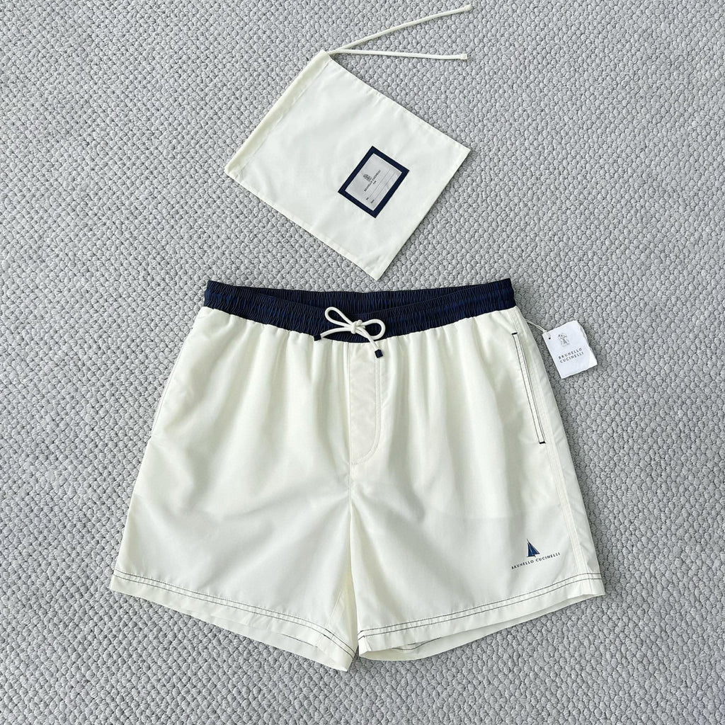 Brunello Cucinelli  Nylon Swim Shorts With Contrast Details And Print Men's Spring Summer Holiday Beach Shorts Colour Block Fashion Casual Pants #77277