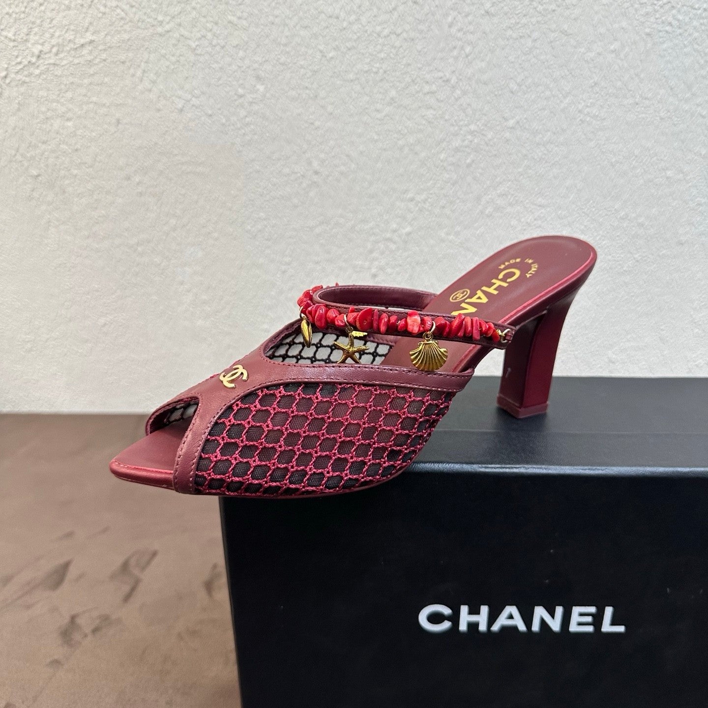 CHANEL Mules Mesh Cotton Lambskin Resin Metal Black #382390