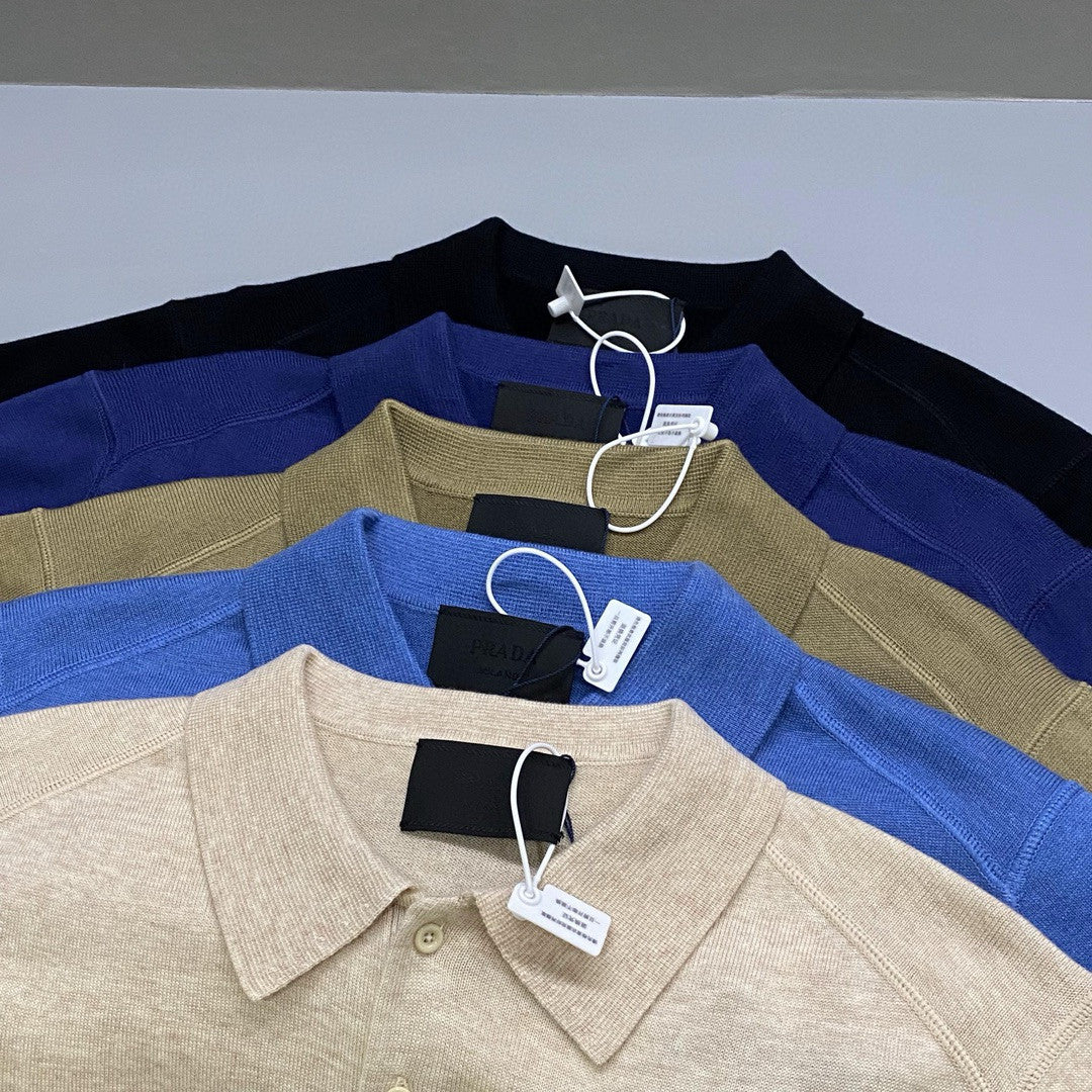 Prada Men's Summer Solid Color Embroidered Logo Wool Knit Polo Shirt Short Sleeve T-Shirt #98532