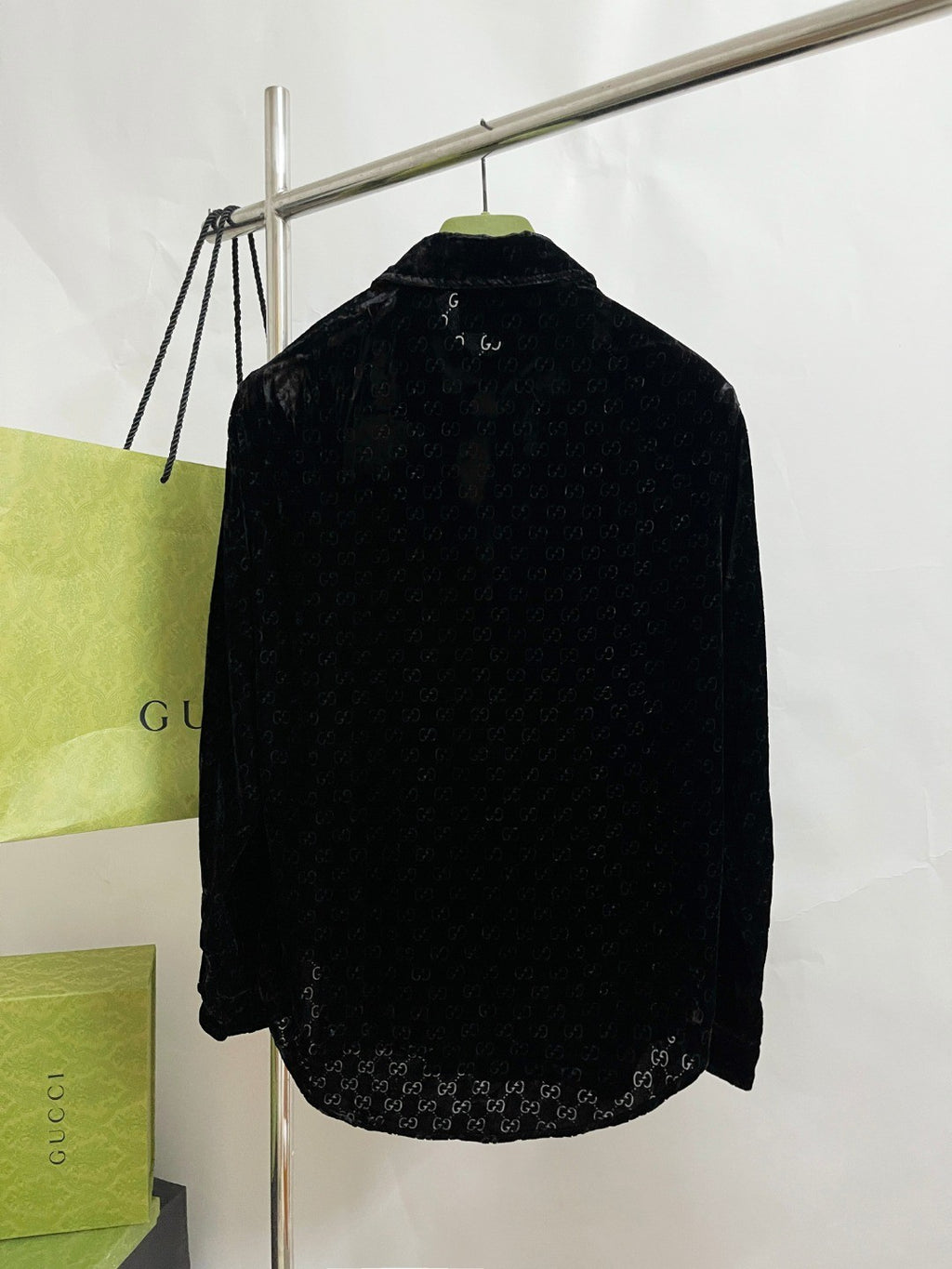 Gucci Men's Spring And Fall Black Logo Pattern Printed Velvet Single breasted Long Sleeved Shirt #72673