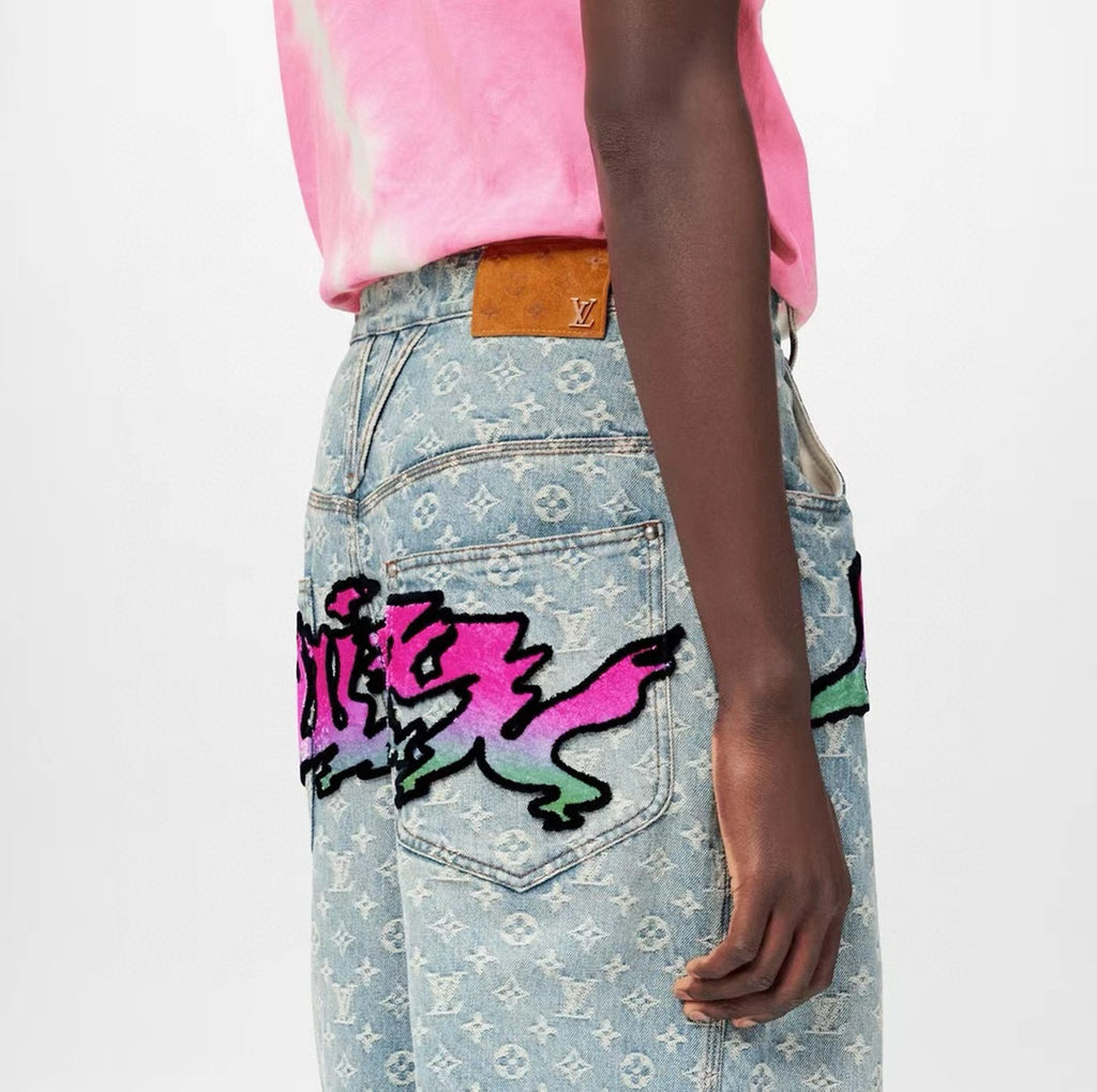 Louis Vuitton Men's Spring Autumn Solid Colour Graffiti Letter Print Casual Jeans Pants #76971