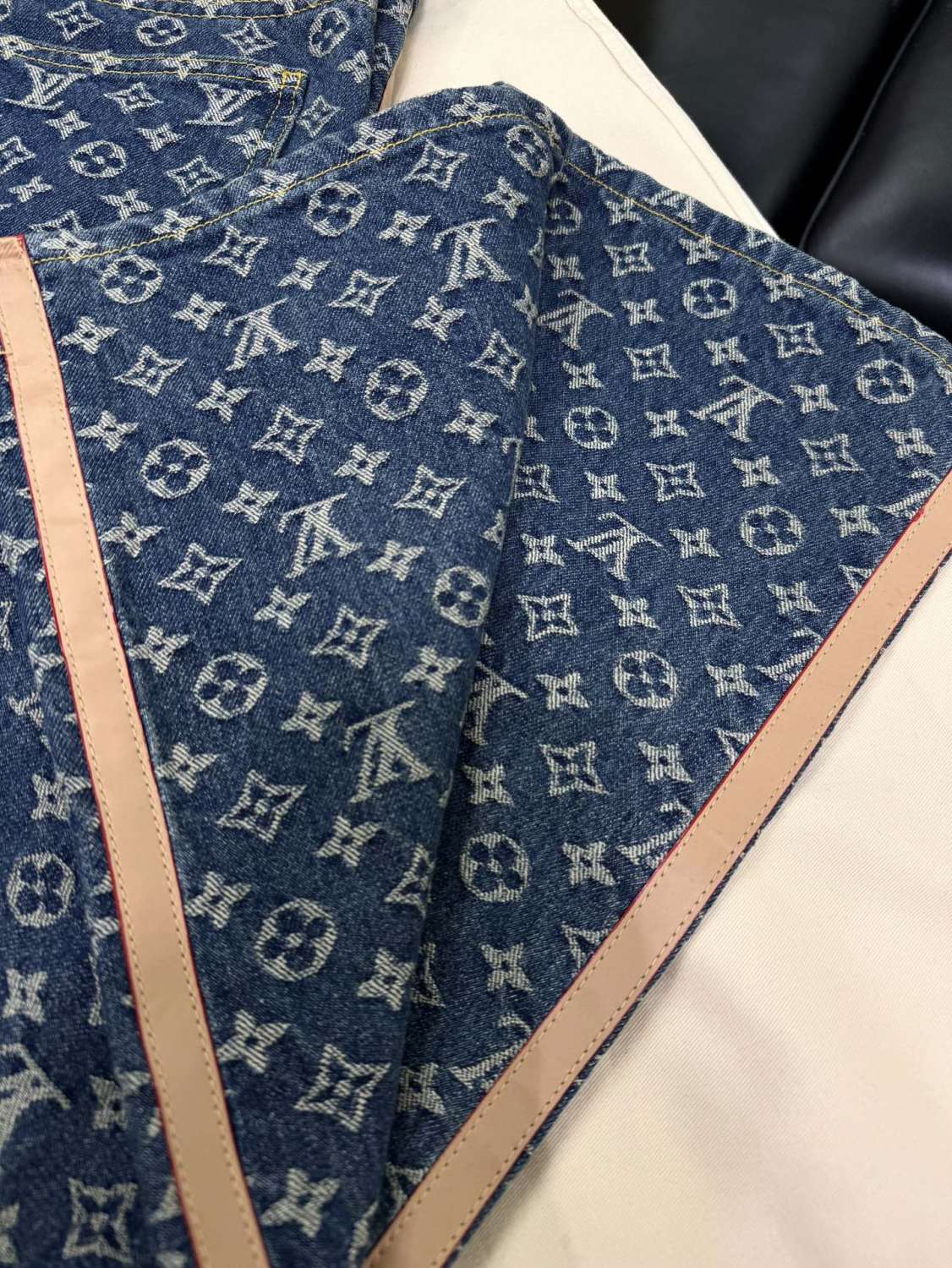 Louis Vuitton Men's Spring and Autumn Blue Cotton Monogrammed Full Print Jeans Pants #74415