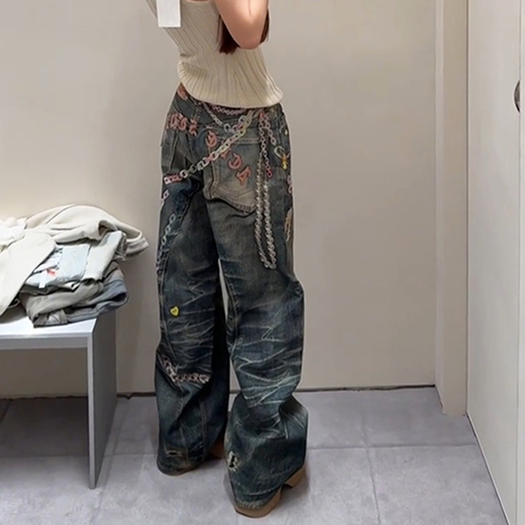 Acne Studios Men'S Women'S Four Seasons 3d Print Chain Print Loose Fit Jeans Fashion High Street Machete Pants Jeans  Ngvp #1343