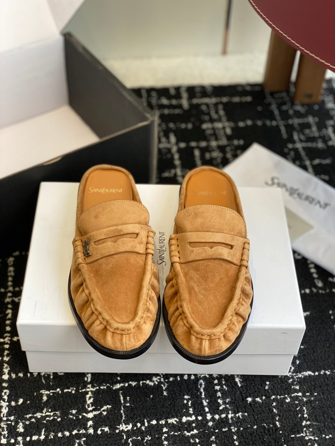 Saint Laurent LE LOAFER Women's Fashion Casual Round Toe Slip On Half Slip On Logo Leather Loafer Mule Shoes #78444