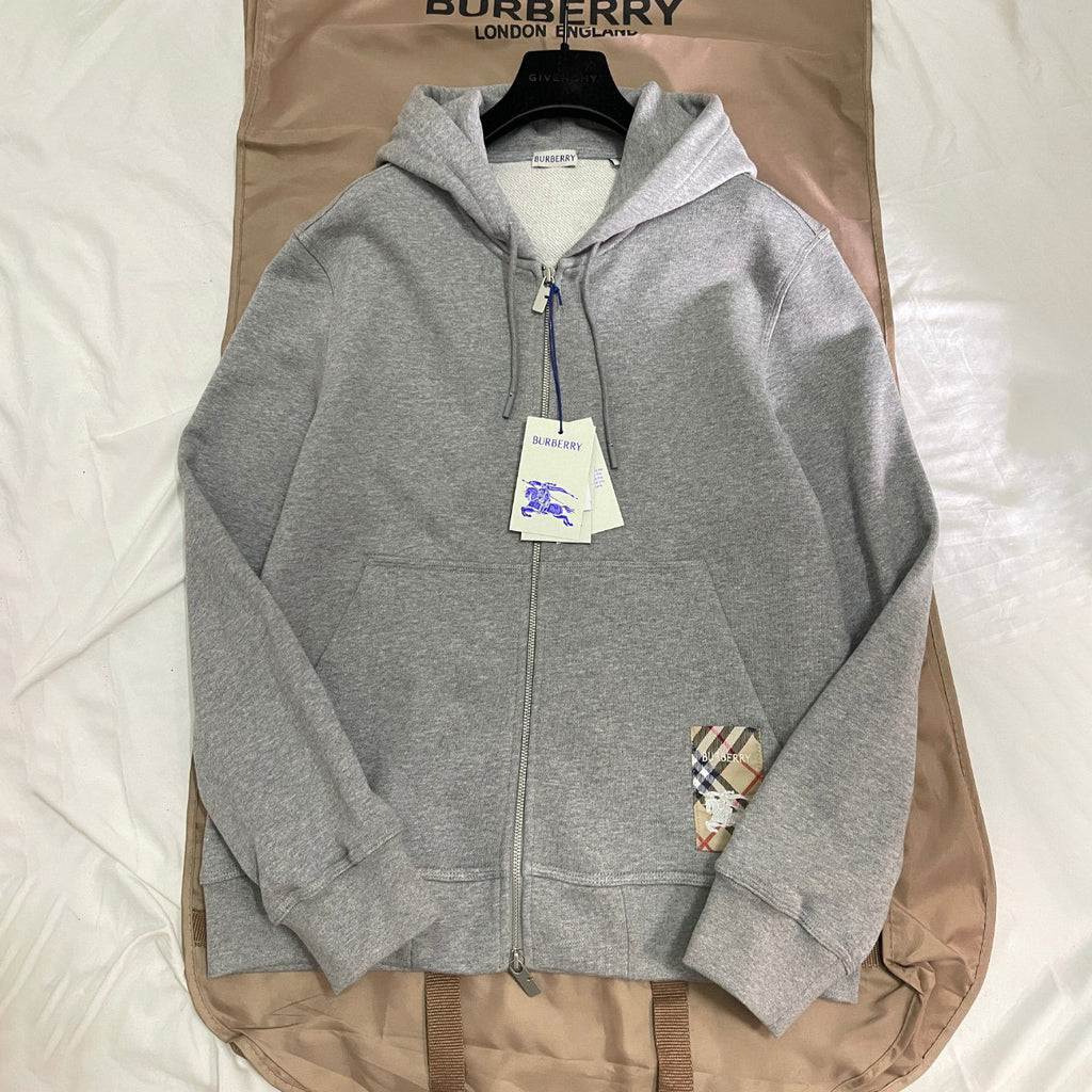 Burberry Men's Spring and Autumn Plaid Label Cotton Zipper Hooded Long Sleeve Sweatshirt Jacket Casual Elastic Waist Pants Set Suit #75593