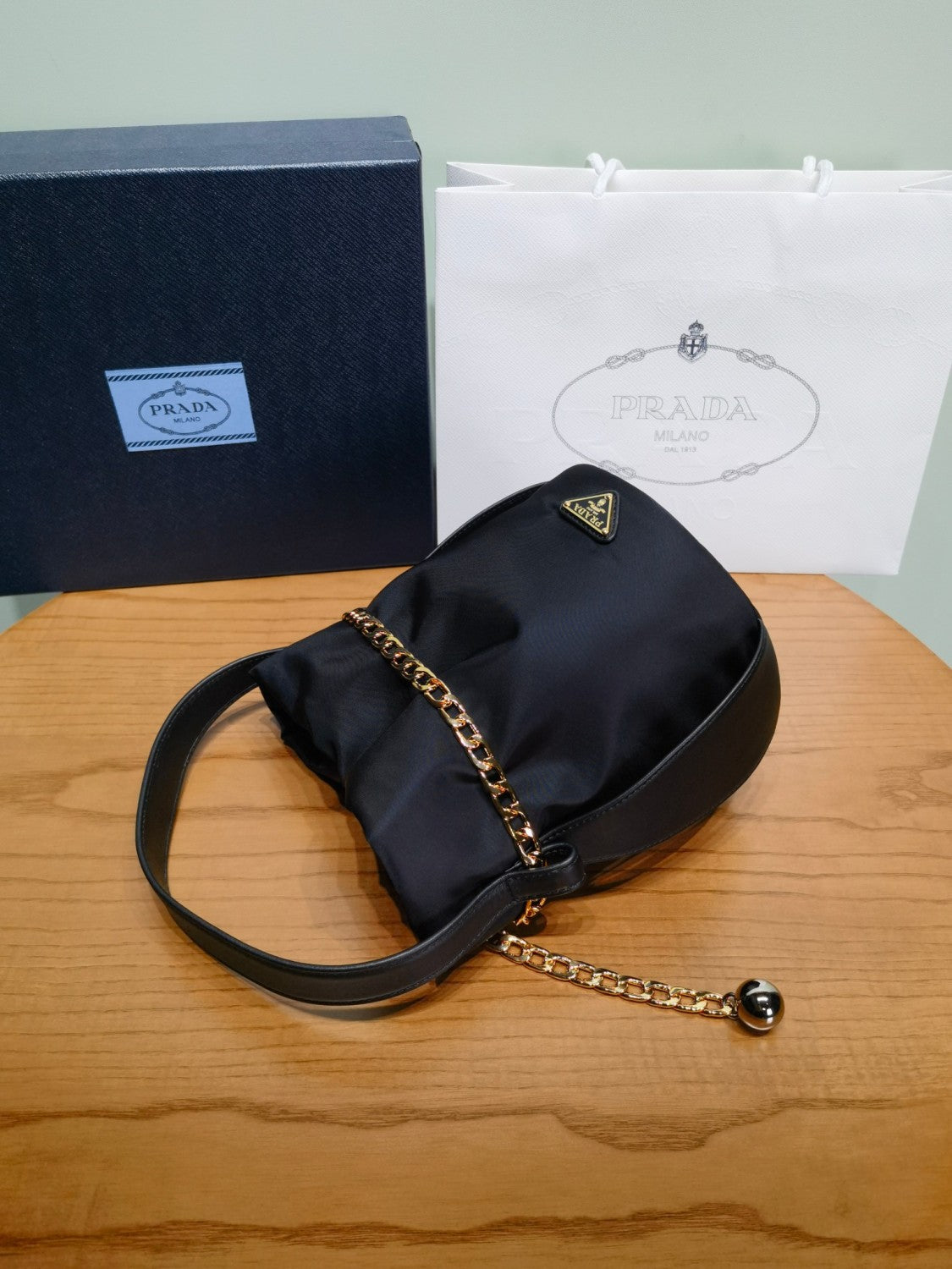 Prada Women's Solid Color Petit Sac Noir Re-Nylon with Nappa Leather Mini Shoulder Bag Bucket Tote Bags #78128
