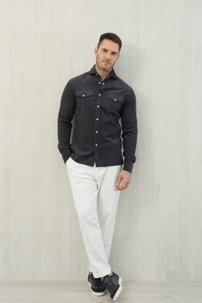 Brunello Cucinelli Men's Spring And Fall Cotton Lapel Solid Color Single-Breasted Chest Pocket Long Sleeve Fitted Shirt Ngvp #1557