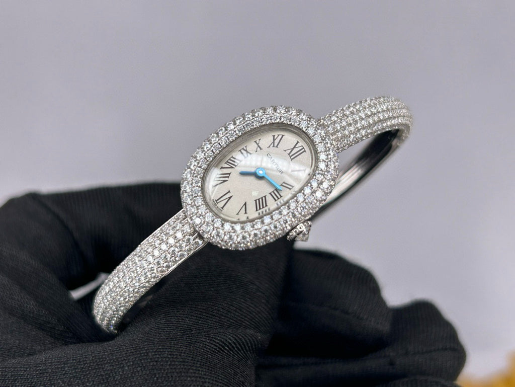 Cartier Women's Baignoire Watch Bathtub Collection Quartz Movement Steel Case Full Diamonds Bracelet Watch #81279
