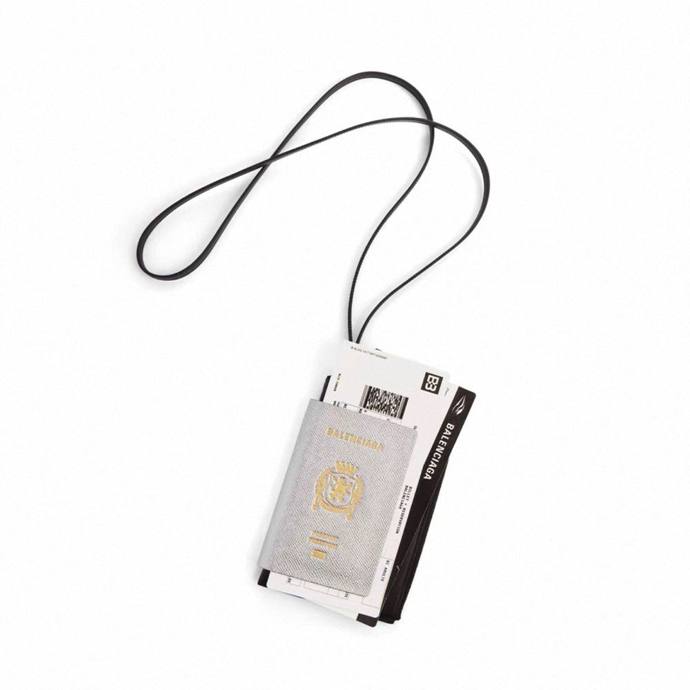 Balenciaga Spring New Product: Passport Aircraft Phone Lanyard Bag Silver And Black Glossy Leather Passport Bag Airline Ticket Wallet Bags #195348