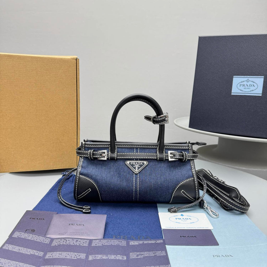 PRADA Women's Bonnie French Triangle Metal Logo Classic Versatile Mixed Materials Handbag Mini Women's Blue And Brown #332335