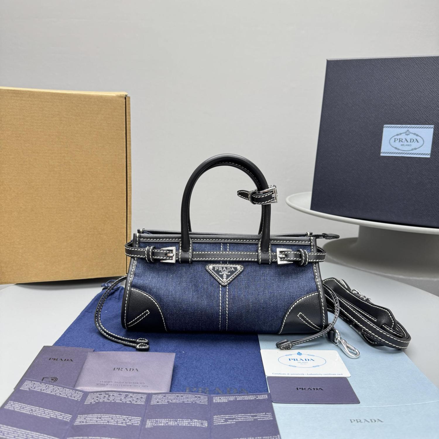 PRADA Women's Bonnie French Triangle Metal Logo Classic Versatile Mixed Materials Handbag Mini Women's Blue And Brown #332335