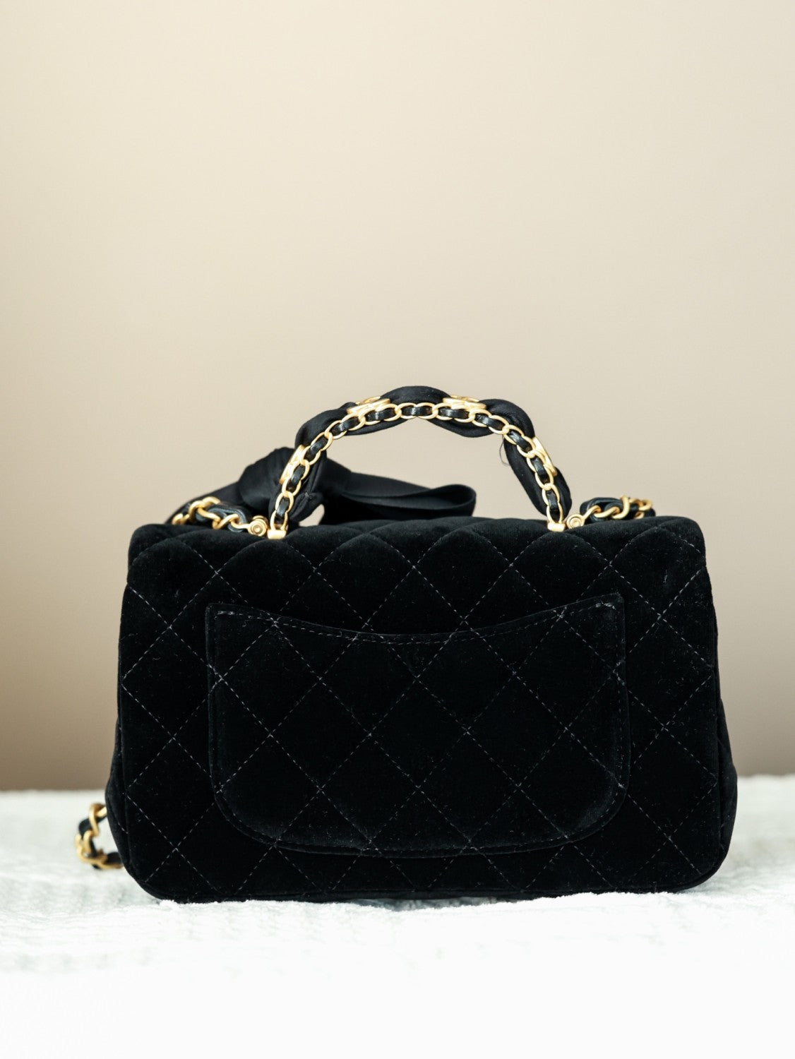 Chanel Mini Flap Bag With Top Handle Velvet Silk Gold-tone Metal Black #336177
