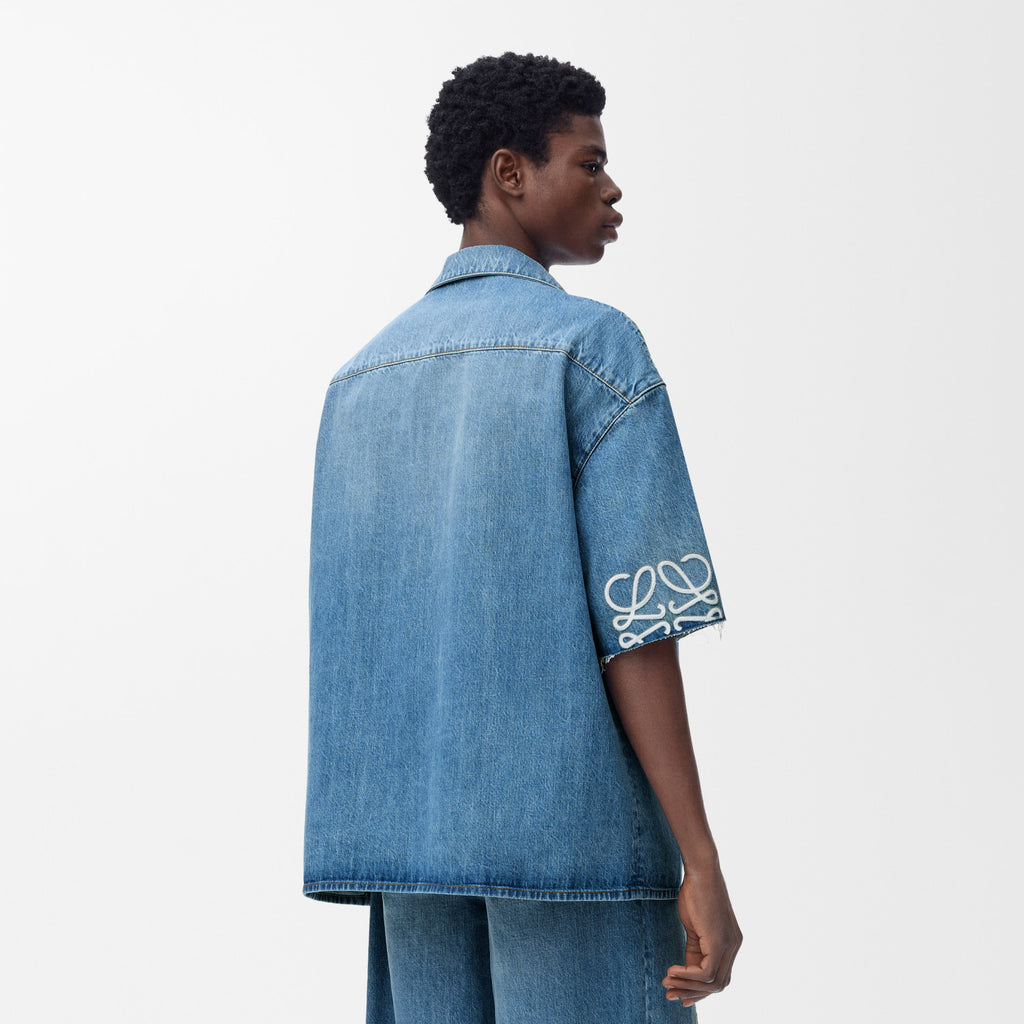 Loewe Men's Spring/Summer Fashion Casual Cotton Collared Single-breasted Patterned Printed Washed Denim Short-sleeved Shirt #78251