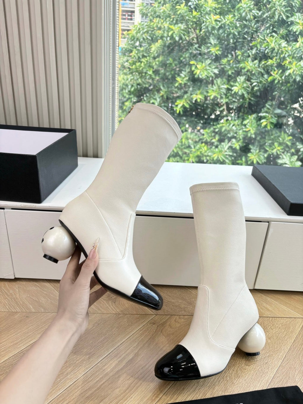 Chanel Women's Fall/winter Fashion Classic Round Toe Sheepskin Double C Oversized Pearl Heel Stretch Mid Calf Boots Long Boots Shoes #78546