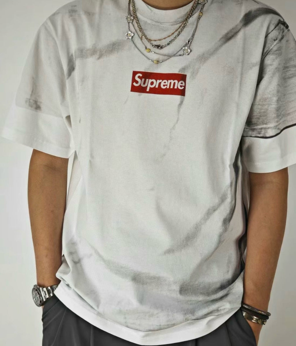 Supreme x MM6 Maison Margiela Men's and Women's Summer Deconstructed False Two Piece Square Logo Short Sleeve T-Shirt #99239