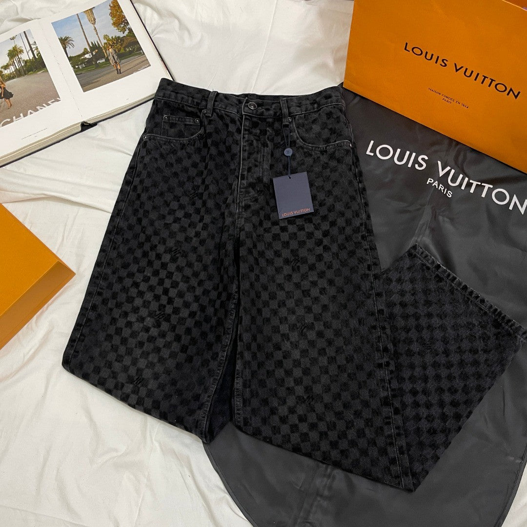 Louis Vuitton Men's Spring Autumn Black Checkered Damier Flocked Suit Lapel Single Breasted Long Sleeve Jacket Straight Wide Leg Trousers Suit Set #81138