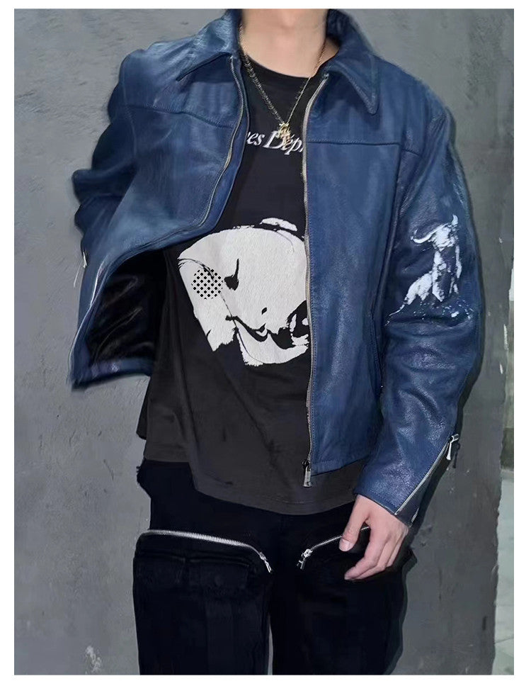 Enfants Riches Deprimes Men's Spring. Autumn And Winter Washed And Aged Crackle Pattern Printed Zipper Solid Color Long Sleeve Cowhide Jacket Ngvp #9337