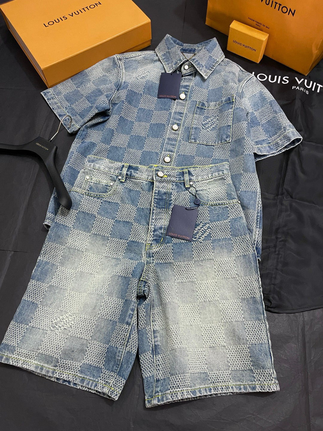 Louis Vuitton Men's Summer Blue Logo Printed Lapel Single Breasted Denim Short Sleeve Shirt Straight Jeans Shorts Set Suit #76984