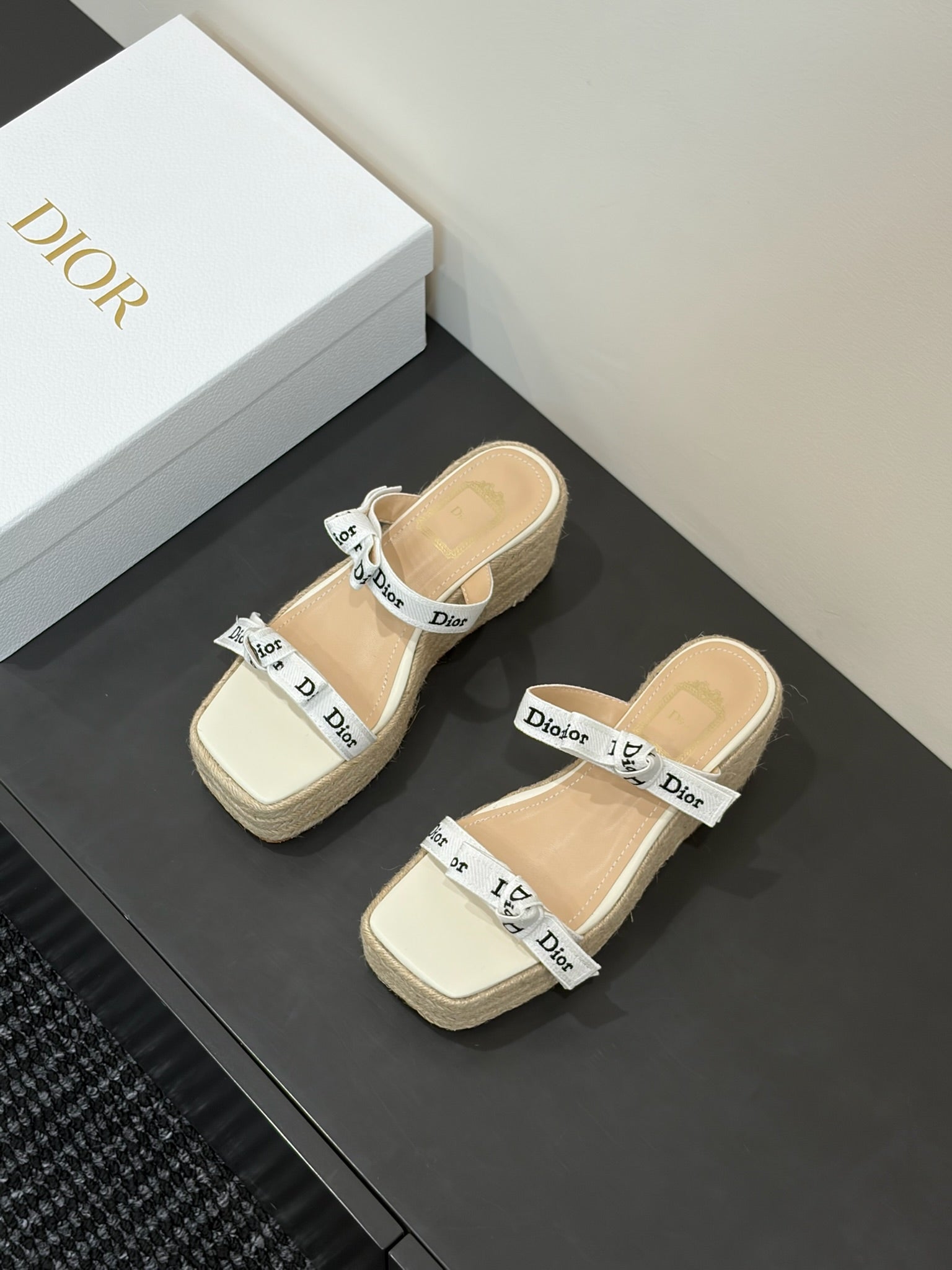 DIOR J Adior Wedge Slide with Straps White Embroidered Cotton and Natural Raffia #386876