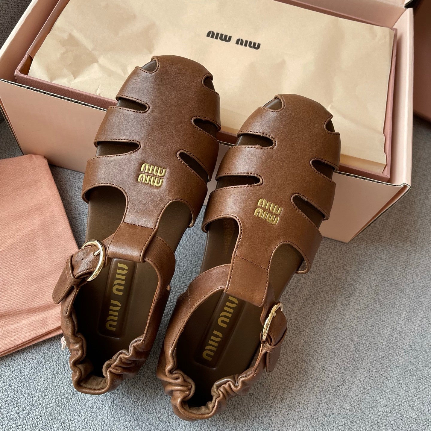 MiuMiu Briarwood Ruches Nappa Leather Fisherman Sandals #383957