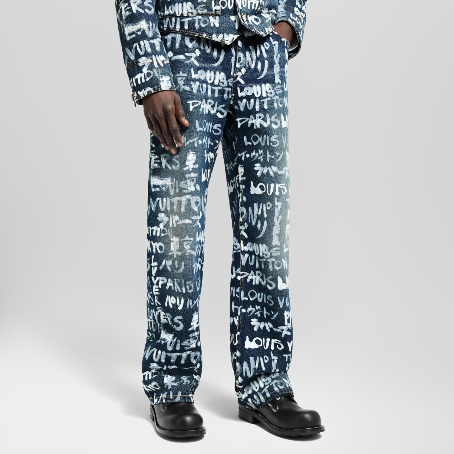 Louis Vuitton Men's Spring/Fall Fashion Casual Full Letter Graffiti Jeans Pants #79433