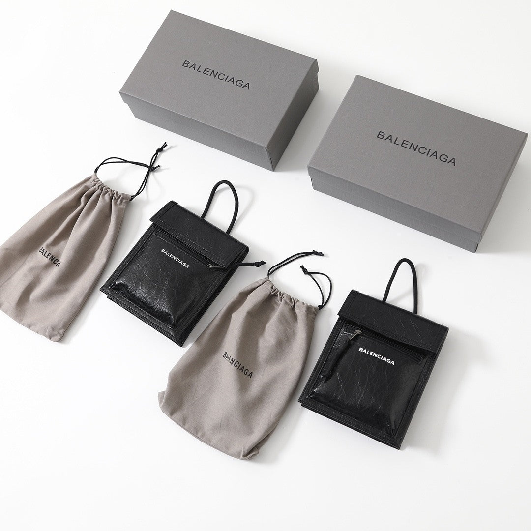 Balenciaga Men's And Women's New Oil Wax Leather Logo Phone Bag Messenger Bag Black Classic Color Mini Wallet Bags #195351