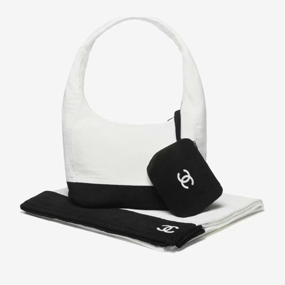 Chanel 2026 Beach Bag Set Classic Black And White Colorway Large Capacity (45 X 60 X 20 Cm) Mini Wallet (17 X 20 Cm) Beach Towel (170 X 103 Cm) Bags #196926