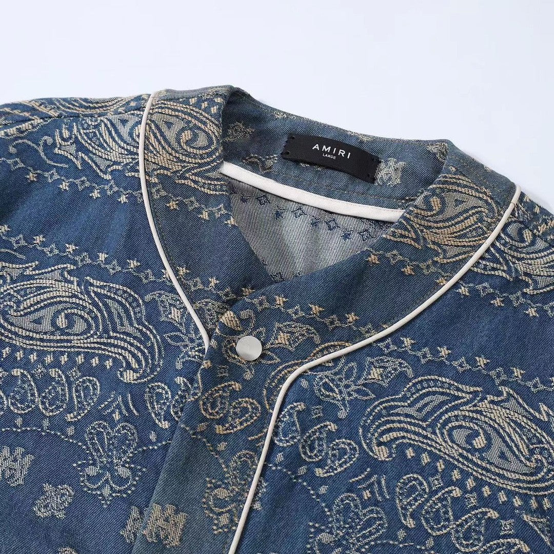 Amiri Men's Denim Jacquard Solid Color Single-Breasted Loose Summer Short Sleeve Shirt Ngvp #1425