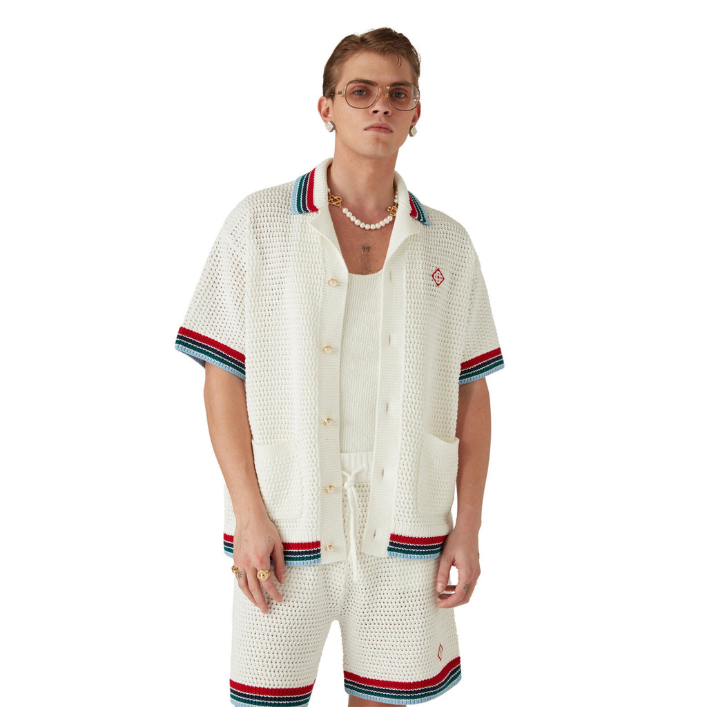 Casablanca Men's Summer Solid Color Skeleton Knit Breathable Single Breasted Short Sleeved Shirt Drawstring Tie Casual Knit Shorts Suit Set #76351