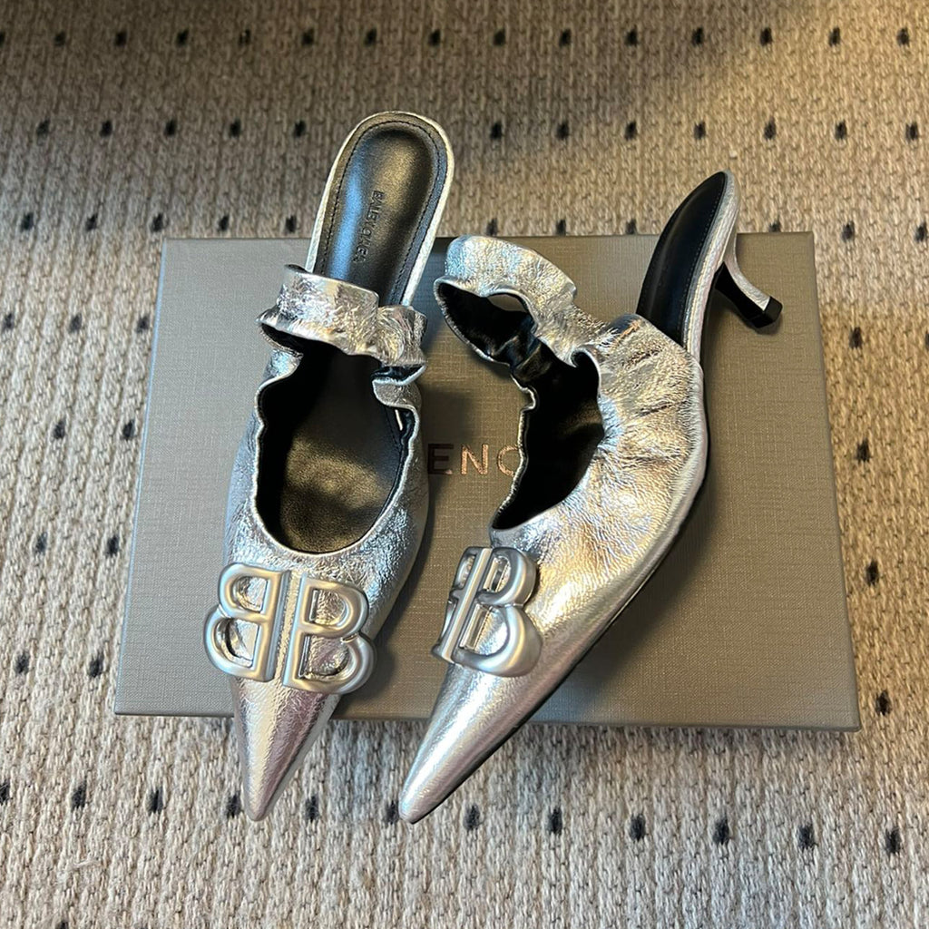 Balenciaga Women's Monaco 50mm Slingback Spring And Summer Double B Metal Decoration Pointed Sandals Fine Heel High Heels Fashion Sexy Black Silver Basic Sandals Shoes Heel 4.5cm #76337