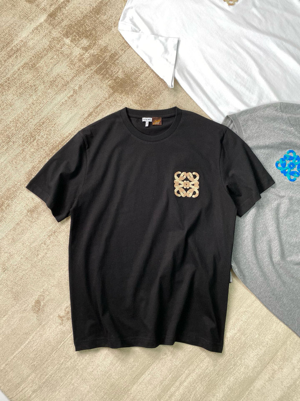 Loewe Men's Summer Solid Colour Wool Embroidery Logo Loose Round Neck Short Sleeve T-Shirt #99472