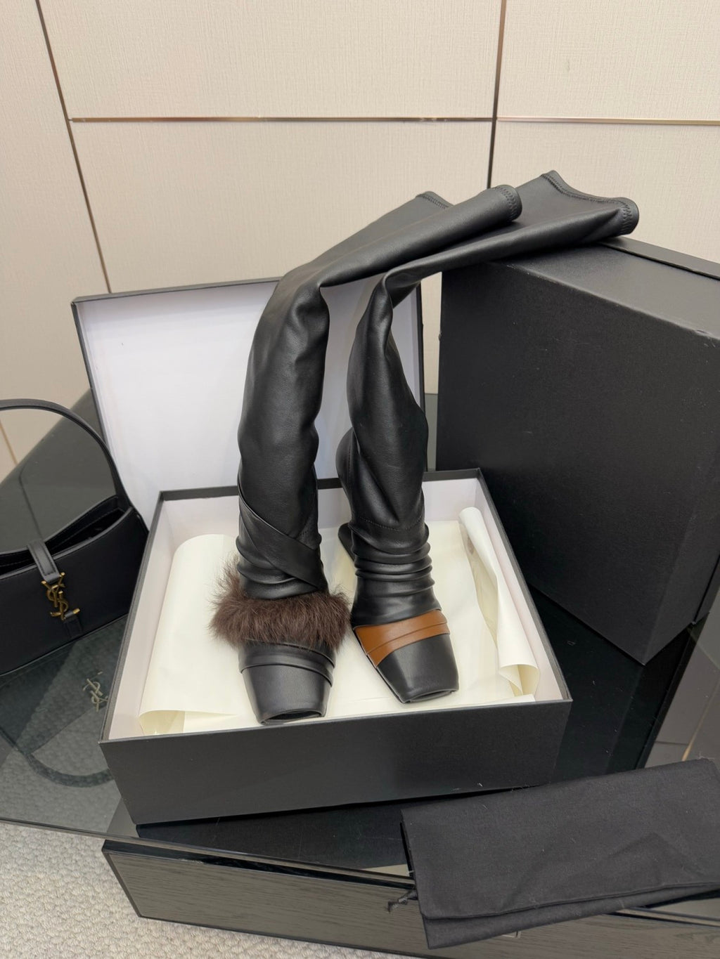 Rick Owens Women's Fall/Winter Fashion Classic Leather Booties Cowhide and Sheepskin Blend in Brown Lambskin Fishmouth Square Toe Design Fur Trimmed Panels Long Boots Shoes #79497