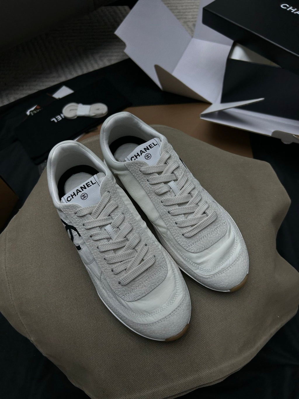 Chanel Sneakers Fabric Embossed Suede Calfskin White Black #379143
