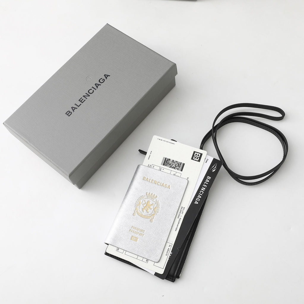 Balenciaga Spring New Product: Passport Aircraft Phone Lanyard Bag Silver And Black Glossy Leather Passport Bag Airline Ticket Wallet Bags #195348