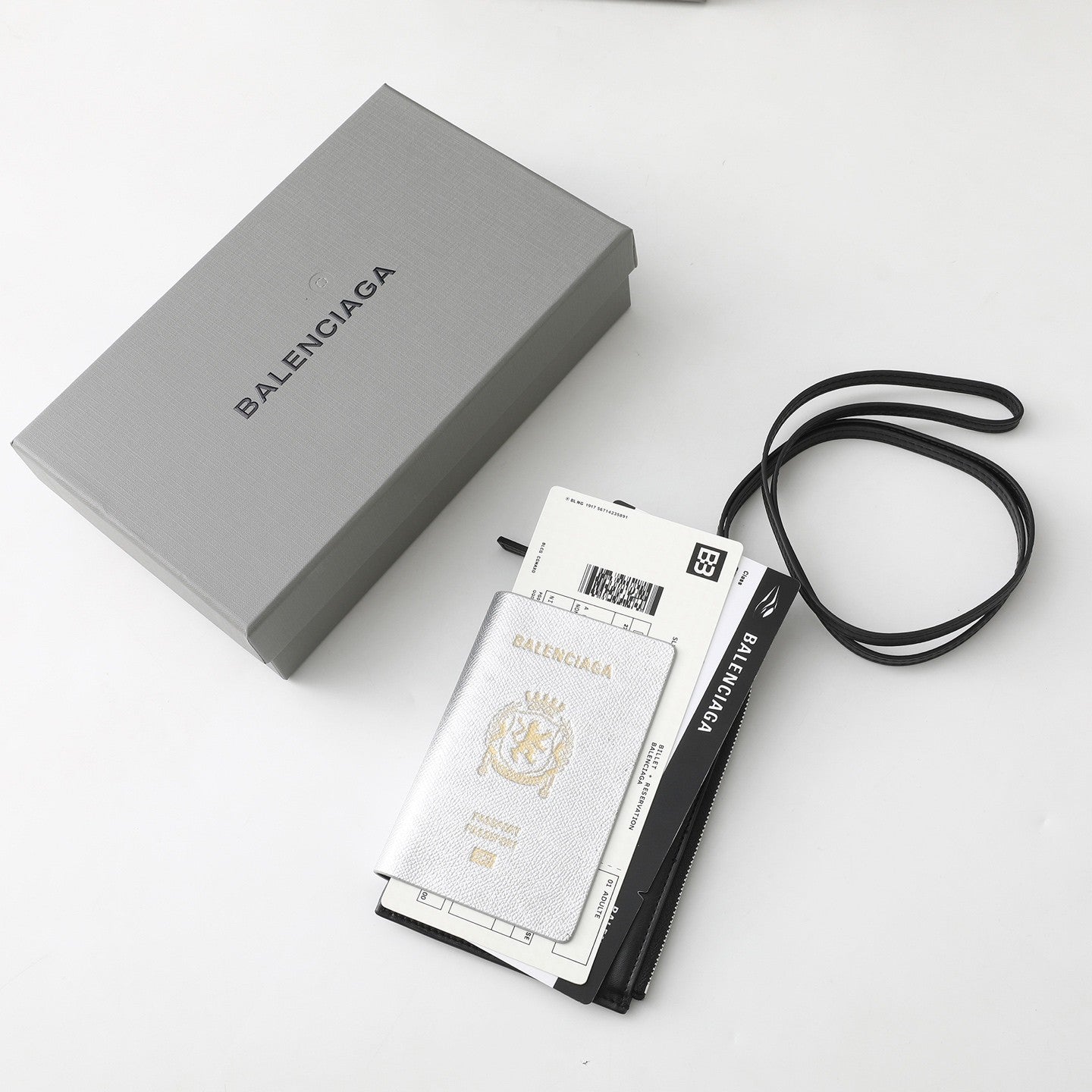 Balenciaga Spring New Product: Passport Aircraft Phone Lanyard Bag Silver And Black Glossy Leather Passport Bag Airline Ticket Wallet Bags #195348