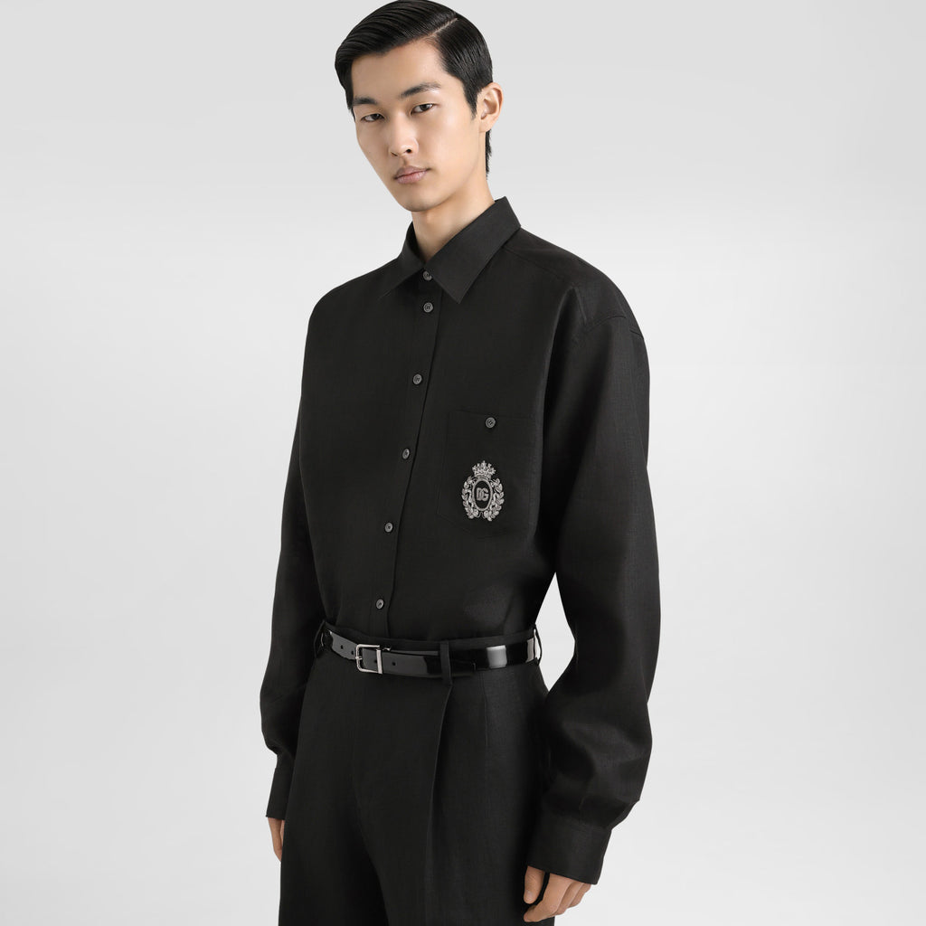 Dolce & Gabbana Men's Spring/Summer Solid Colour Embroidered Pattern Printed Single-Breasted Linen Fabric Long-Sleeved Shirt #77135