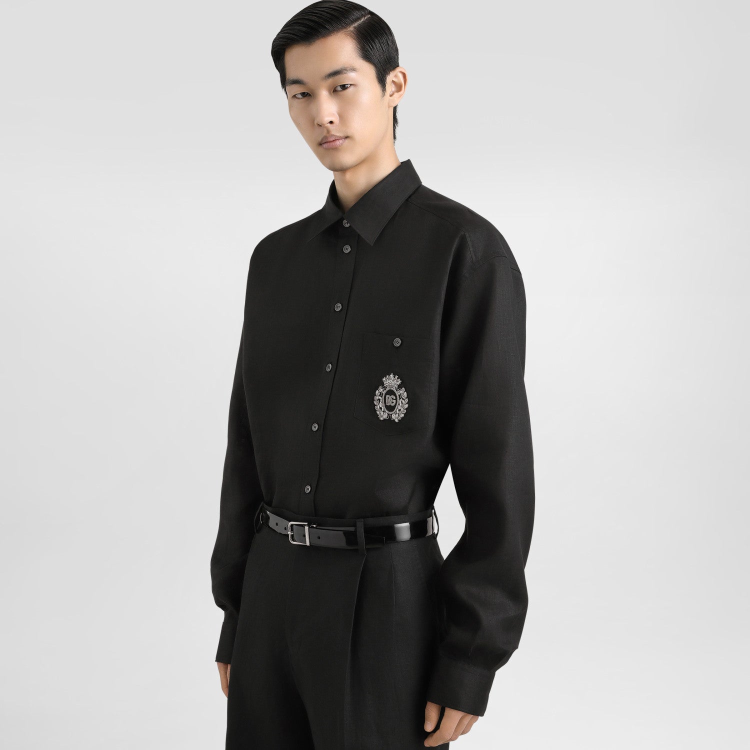 Dolce & Gabbana Men's Spring/Summer Solid Colour Embroidered Pattern Printed Single-Breasted Linen Fabric Long-Sleeved Shirt #77135