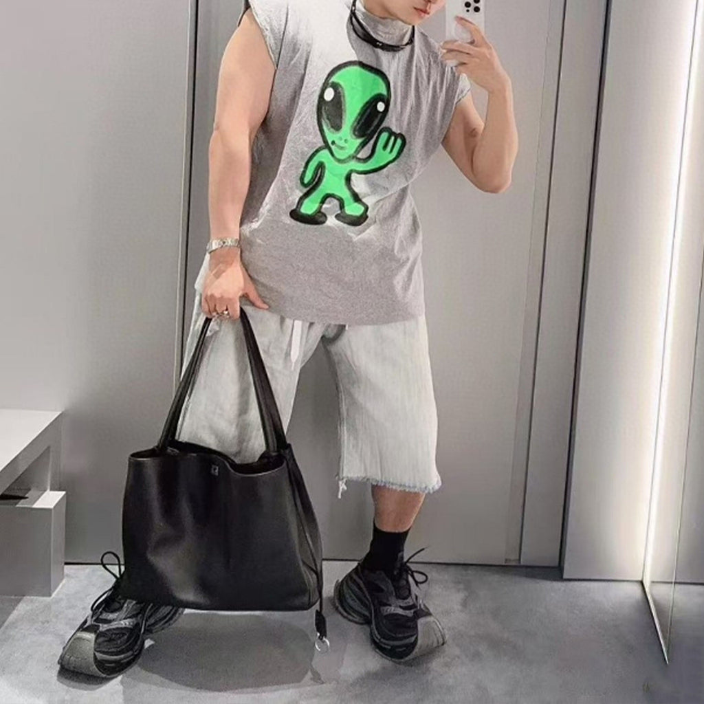 Balenciaga Hi There + Dripley Sleeveless T-shirt Men's Summer Gray Round Neck Vest Fashion High Street Trend Loose T-Shirt Top Ngvp #1642