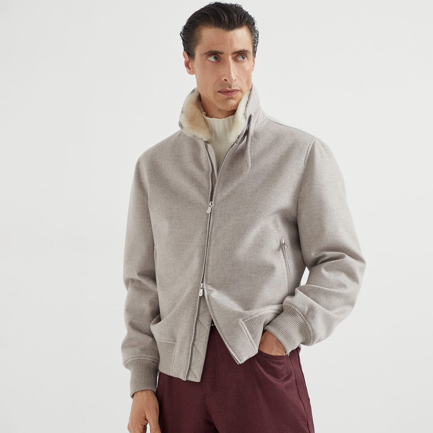 Brunello Cucinelli Men's Fall/Winter Solid-Color Cashmere Lapel Pilot Jacket Loose-Fit Long-Sleeve Outerwear Ngvp #2713