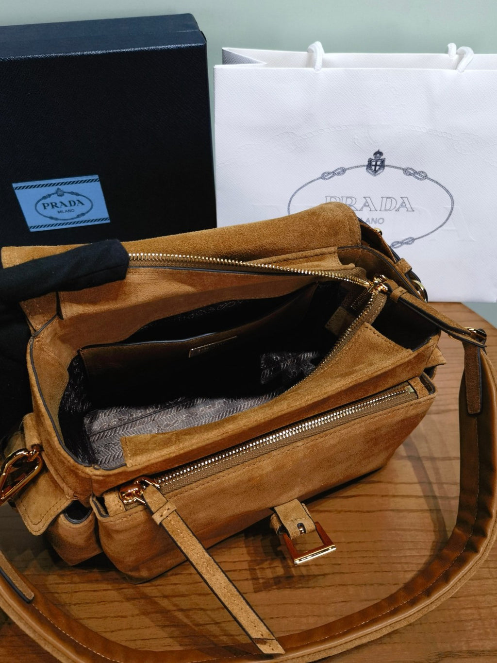 Prada Explore Men's and Women's Brand Logo Solid Color Suede Leather Messenger Bag Shoulder Bags #78127