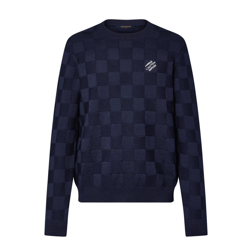 Louis Vuitton Men's Spring and Autumn Letter Embroidery Blue Crew Neck Casual Pullover Wool Sweater #98436