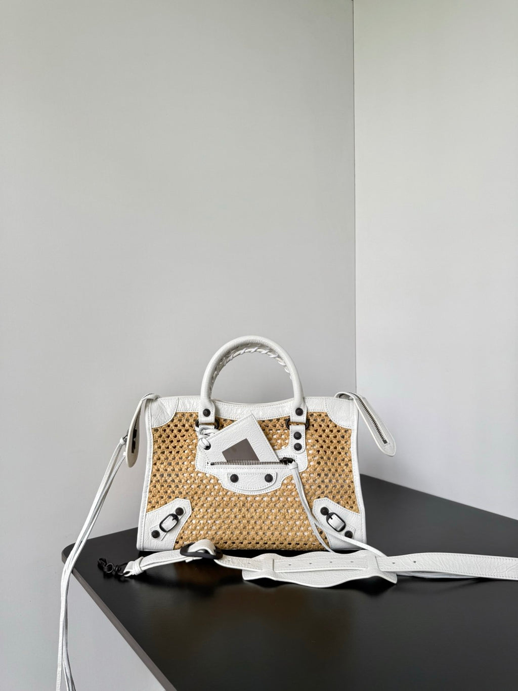 Balenciaga Le City Raffia-effect Fabric Small Handbag Black And White Fashionable Classic Handbag And Crossbody Bag Bags #84325A