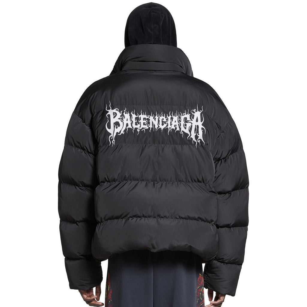 Balenciaga Men's Winter Flame Letter Logo Print Black Nylon Fabric Long Sleeve Puffer Down Jacket #73718