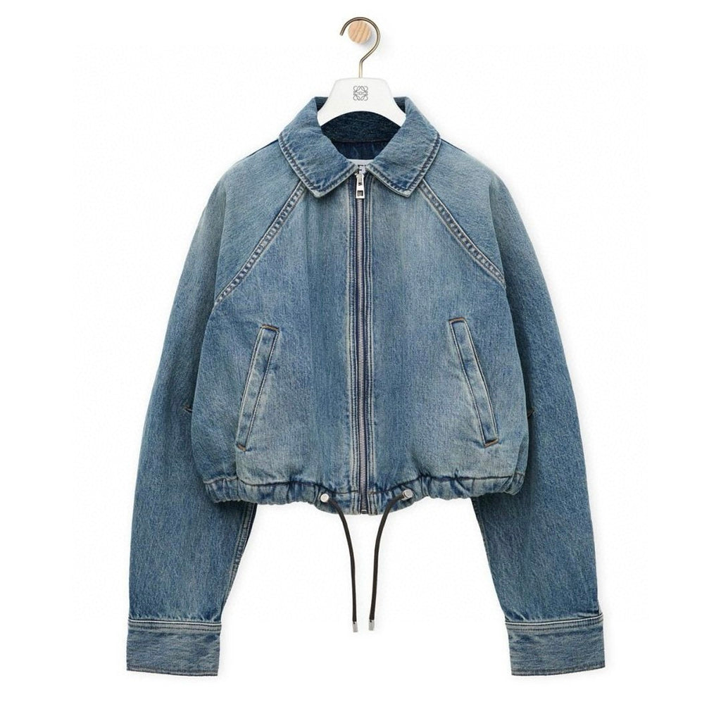 Loewe Women's Spring/Fall High-Street Lapel Zipper Drawstring Solid-Color Denim Jacket #81716